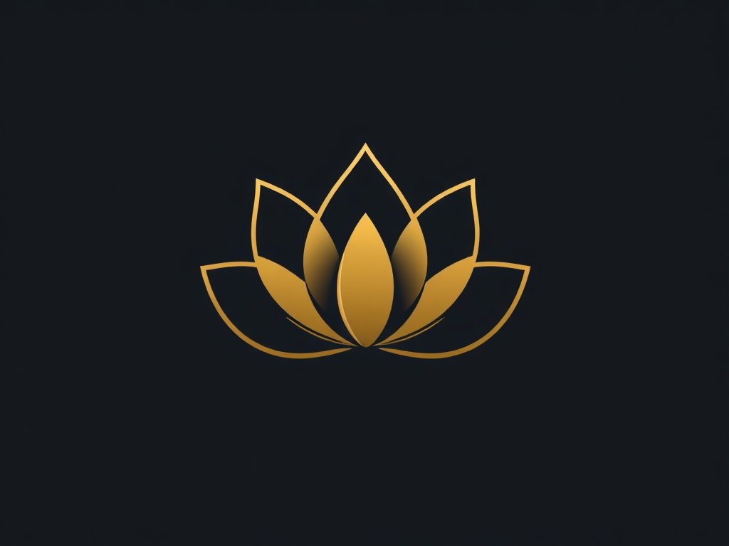 Abstract minimalist symbol of a lotus with clean lines, flat design with subtle gold gradient, isolated on a dark background. Photorealistic, 8k, commercial photography style.